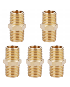 Solid Brass Hex Nipple - 1/4" x 1/4" NPT Male Pipe Fitting Adapter 5pcs