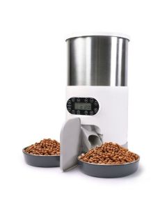 Automatic Pet Feeder - Stainless Steel Food Dispenser with Two-Way Splitter and Double Bowls for Cats and Dogs