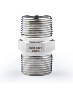 304 Stainless Steel Lead-Free 6000 psi High-Pressure Hex Nipple, 3/4" x 3/4" NPT Male Thread Pipe Adapter (1 pc)